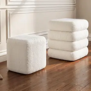 Square Set of 2 Sherpa Nesting Storage Ottoman Stool Boucle Vanity Stool Footstool with Removeable lid Load up to 440 lbs for Livingroom Bedroom White UASND69W