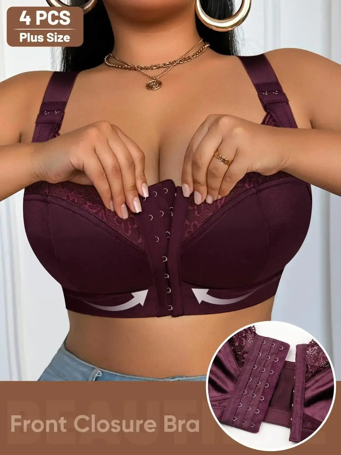 Essential 4-Pack Wireless Bras, No Underwire Bra, Front Buckle Design, Plus Size Comfortable Fit, Push-Up Style for Enhanced Shape, Lift Bra, Breathable Bra, Women's Underwear, intimate elegance, delicate design