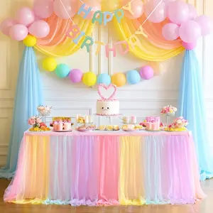 Rainbow Table Skirt for Birthday Party 6ft Unicorn Tulle Tutu Table Skirt for Baby Shower Girl Boy Gender Reveal Rainbow Tablecloth for Unicorn Party Decorations(L6(ft) H 30in) Rectangle Stars