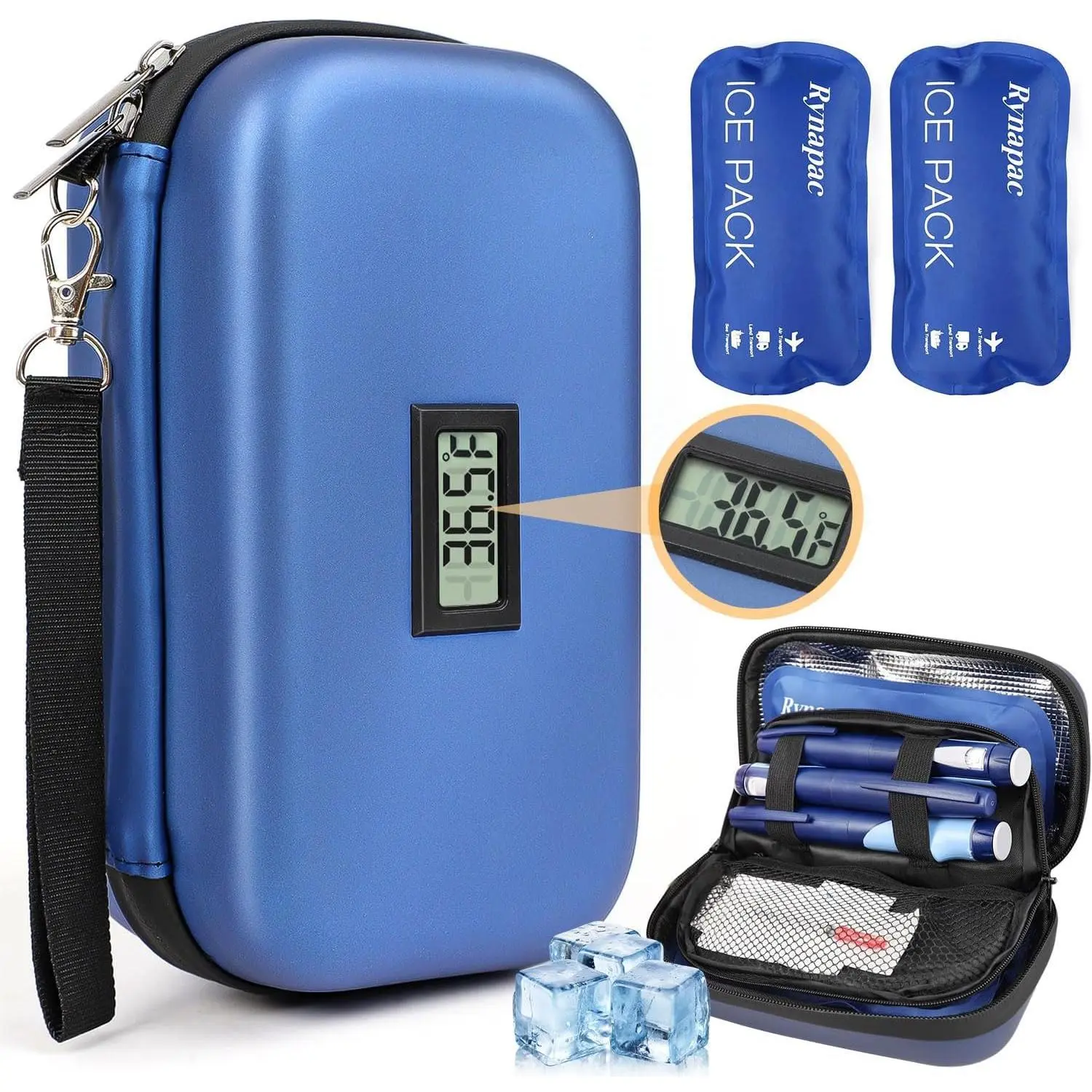 Insulated Cooler Bag for Insulin - TSA Approved Durable Insulated Bag, Large Diabetic Travel Case with Fahrenheit Read, 2 Reusable Ice Packs, Home Organizer Storage Bin (8.1in x 5.1in x 3.34in), Cooler For Insulin