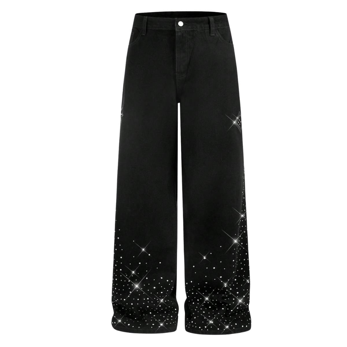 Men’s trendy black denim jeans with star rhinestones, high-street style wide-leg long pants
