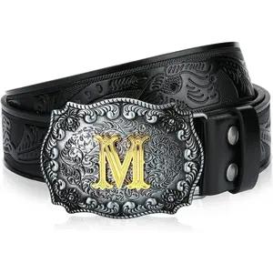 Mens Western Cowboy Cowgirl Faux Leather Belt Longhorn Bull Pattern Letter Big Buckle Embossed Floral Belts