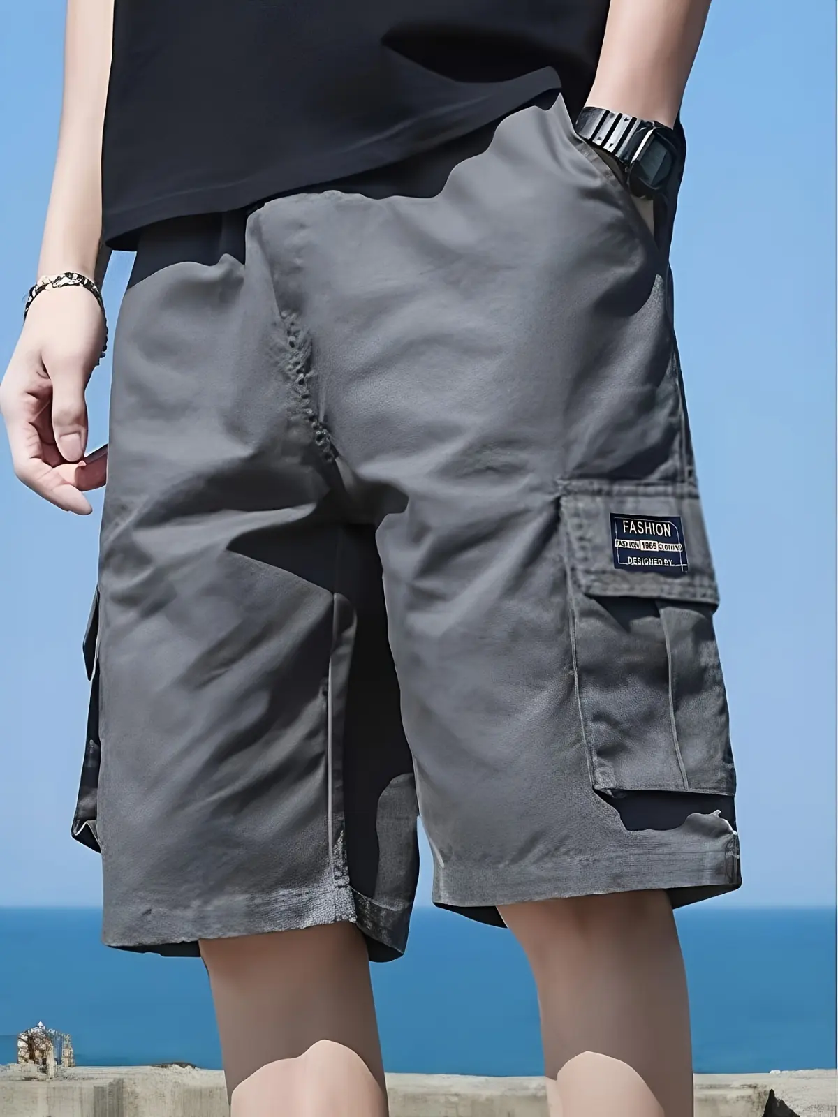 Men's Label  Solid Cargo Shorts with Flap Pockets, Versatile And Trendy for Summer Outdoors And Sports Wear, 100% Polyester, Solid Color, Regular Fit with Adjustable Drawstring Waist & Multiple Pockets, Machine Washable for Spring Summer