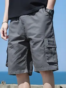 Men's Label  Solid Cargo Shorts with Flap Pockets, Versatile And Trendy for Summer Outdoors And Sports Wear, 100% Polyester, Solid Color, Regular Fit with Adjustable Drawstring Waist & Multiple Pockets, Machine Washable for Spring Summer