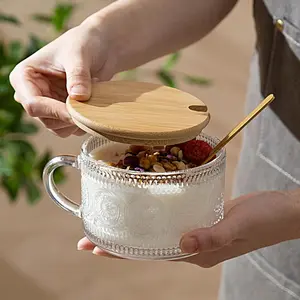 8pcs Set Vintage Coffee Mugs gifts for women, Overnight Oats Containers with Bamboo Lids and Spoons - 14oz Clear Embossed Glass Cups, Cute Coffee Bar Accessories, Iced Coffee Glasses