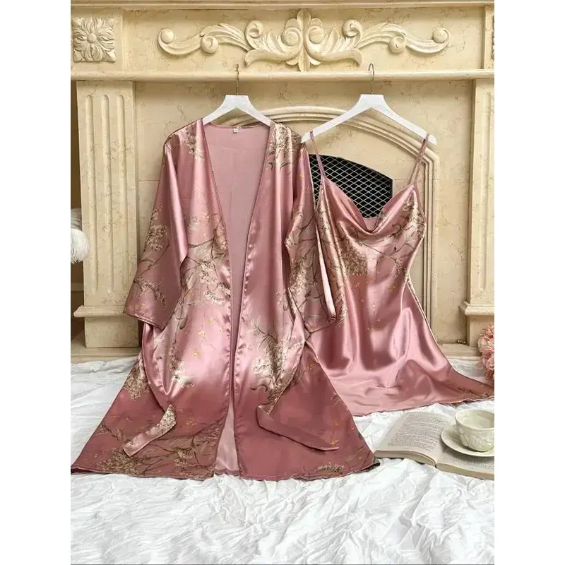 Women's Floral Print Belted Lounge Robe & Adjustable Cami Nightdress Satin Pyjama Set, Elegant Dressing Gown & Cowl Neck Backless Nightdress, Ladies SleepwearGift Women's Floral Print Belted Lounge Robe & Adjustable Cami Nightdress Satin Pyjama Set, Elegant Dressing Gown & Cowl Neck Backless Nightdress, Ladies SleepwearGift