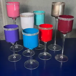 Whimsical Wonders: Furniture Colorized - One of a kind - Hand Painted Multicolored Stemmed Glass Tea Light Candle Holder Set With Rhinestone Rim - set of 8