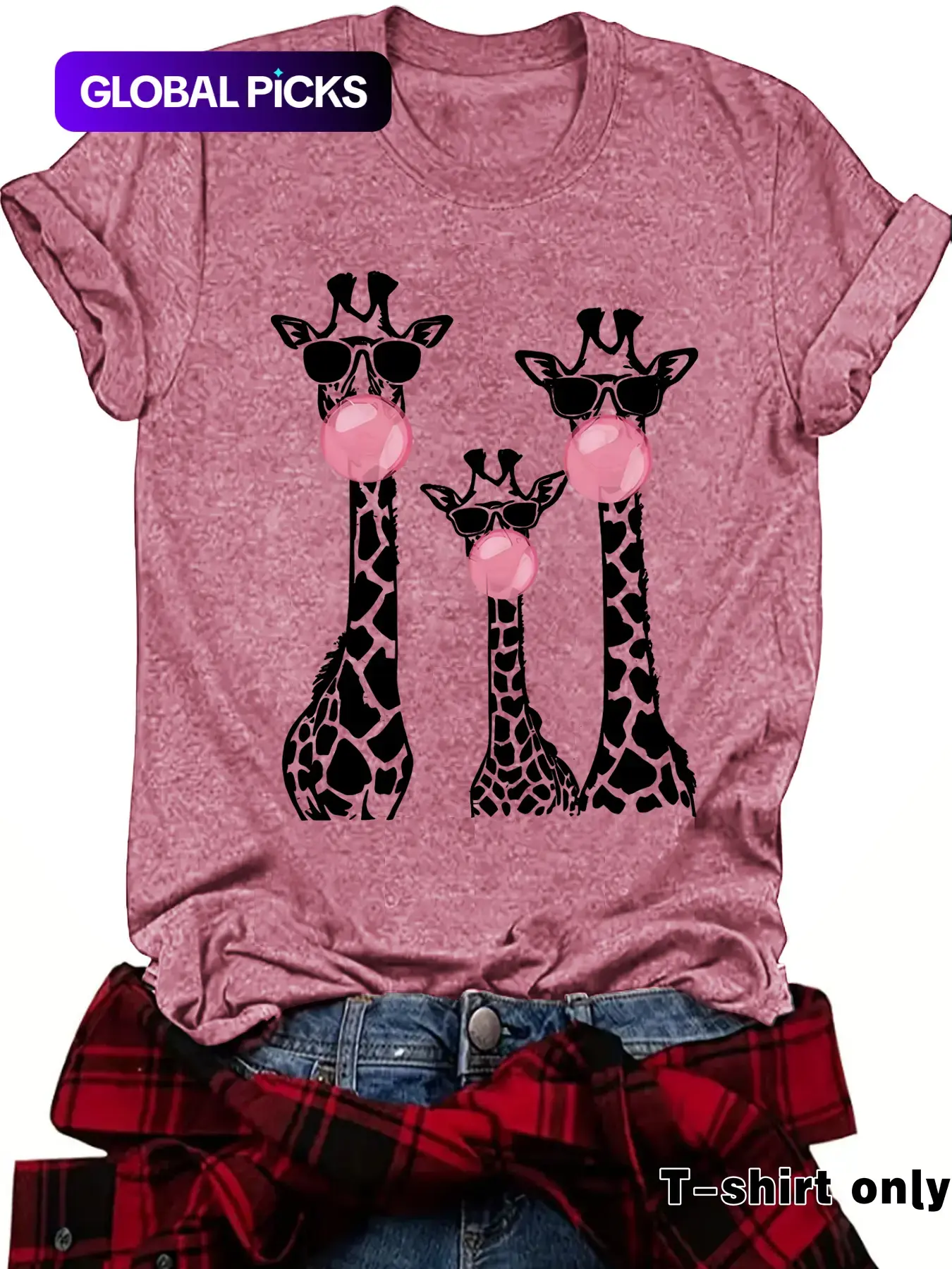 Women's Giraffe Print Round Neck Short Fitted Tee, Fashion Chic Casual Everyday Tops Crew Neck T-Shirt for Daily Holiday Outdoor Wear, Ladies Clothes for Summer, Womenswear, Fabric