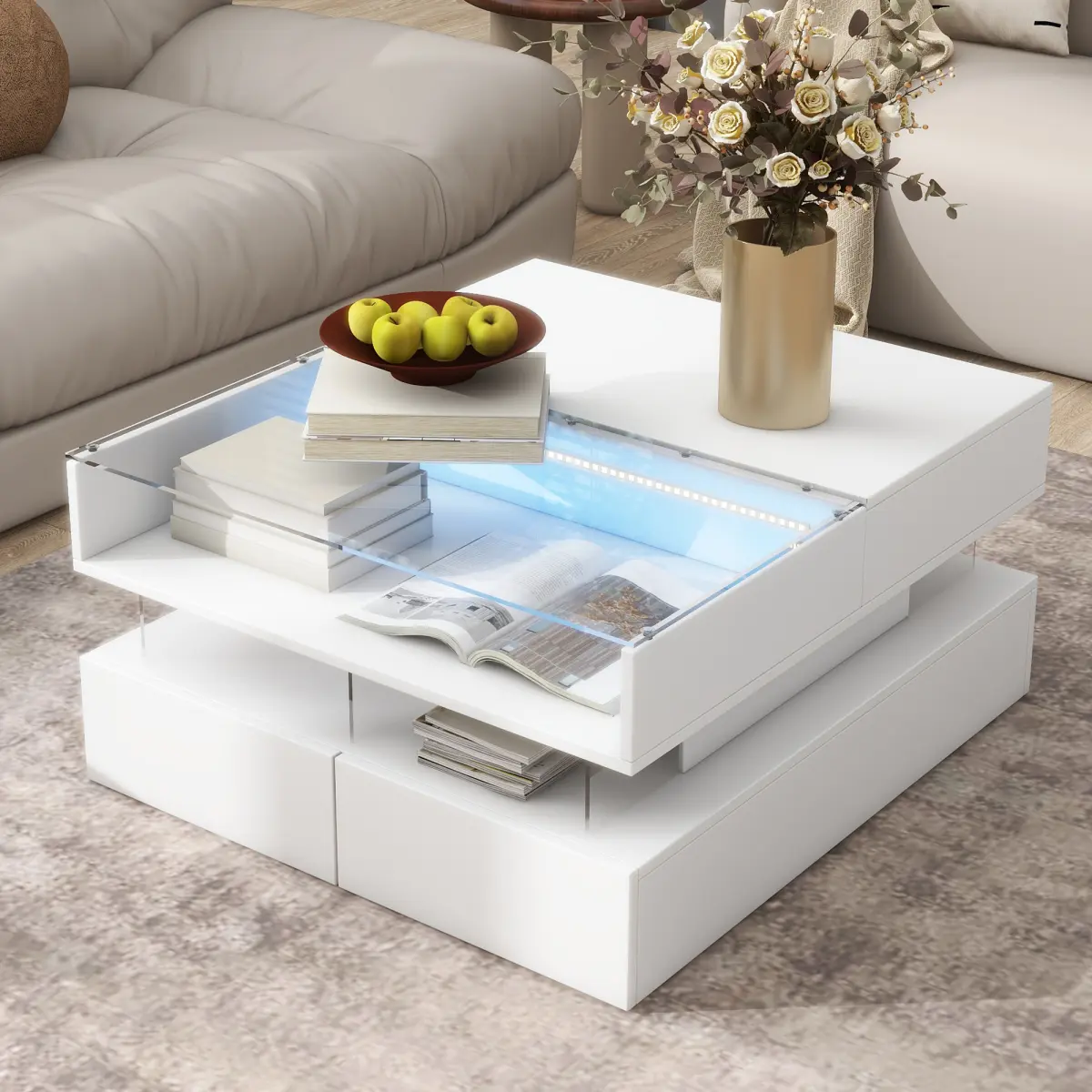 VIBE HAUS Lift-Top Coffee Table - Modern Square High-Gloss Glass Top, 2 Drawers, Hidden Storage, LED Lighting, Adjustable Height, 22 lbs, 29.5'' W x 29.5'' D x 15.7'' H, 5V Bluetooth App, Indoor Living Room Furniture (Note: Do Not Apply Abrasives), Space