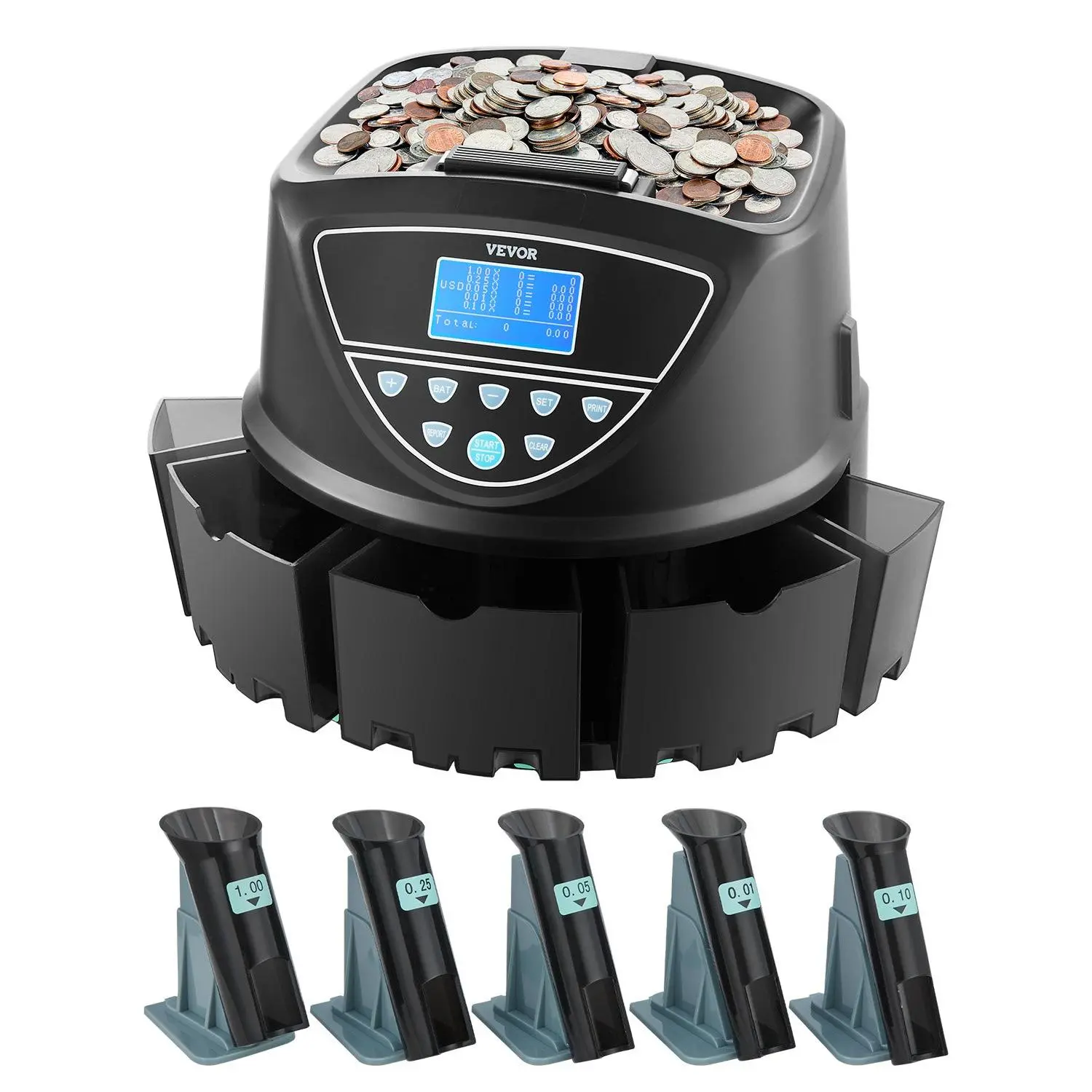 【Summerfinds】VEVOR USD Coin Sorter, Coin Counter Machine for 5 Kinds of USD Coins, Coin Sorter and Wrapper Machine Holds up to 2000 Coins, Screen Display Coin Storage Included 5 Coin Tubes and Boxes