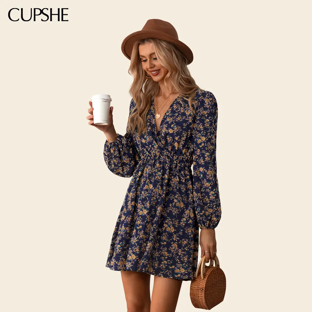 CUPSHE Fall Alison Ditsy Floral Comfort Peasant Sleeve Mini Dress Long Sleeve Dresses Surplice neckline Casual Womenswear Bohemian Boho Vneck Fall dress Summer Navy Business Casual Outfits Women