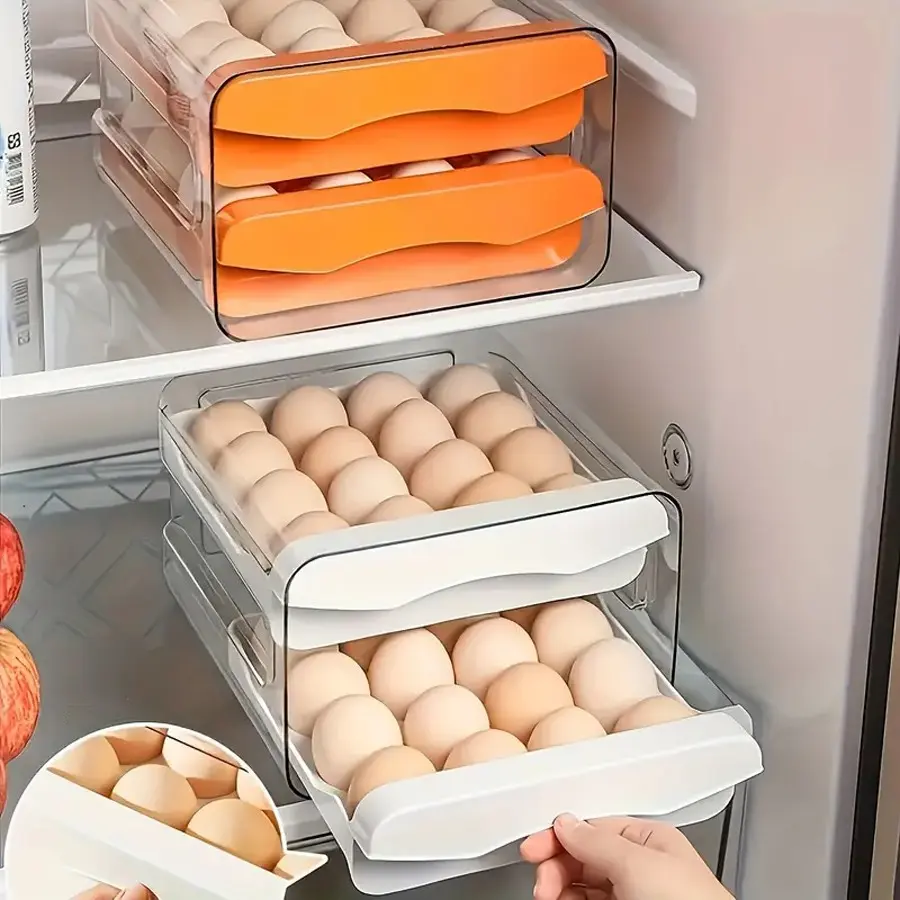 1pc Refrigerator Egg Storage Box Drawer Type Dual Layer Pull-Out Box, Refrigerator Organizer, Large Capacity 32 Grids, Keep Eggs Fresh, Universal Fit