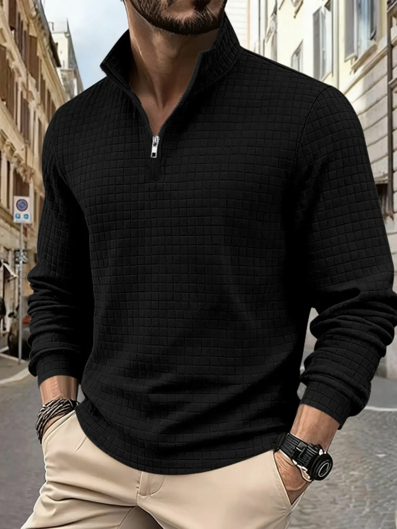 Men's Fashionable Spring Fitted Long Pullover Sweater, Half-Zip Design, Soft Warm Plaid Fabric, Perfect for Autumn & Winter, Casual Daily Wear