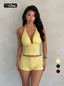 Women's Sexy Summer Vacation Short Backless Halter Top Set, Casual Fashion Design Style, Perfect for Beach & Travel