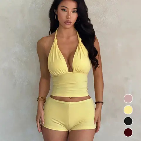 Women's Sexy Summer Vacation Short Backless Sleeveless Halter Top Set, Matching Set Summer, Summer Outfits Set, Suits, Casual Fashion Design Style, Perfect for Beach & Travel