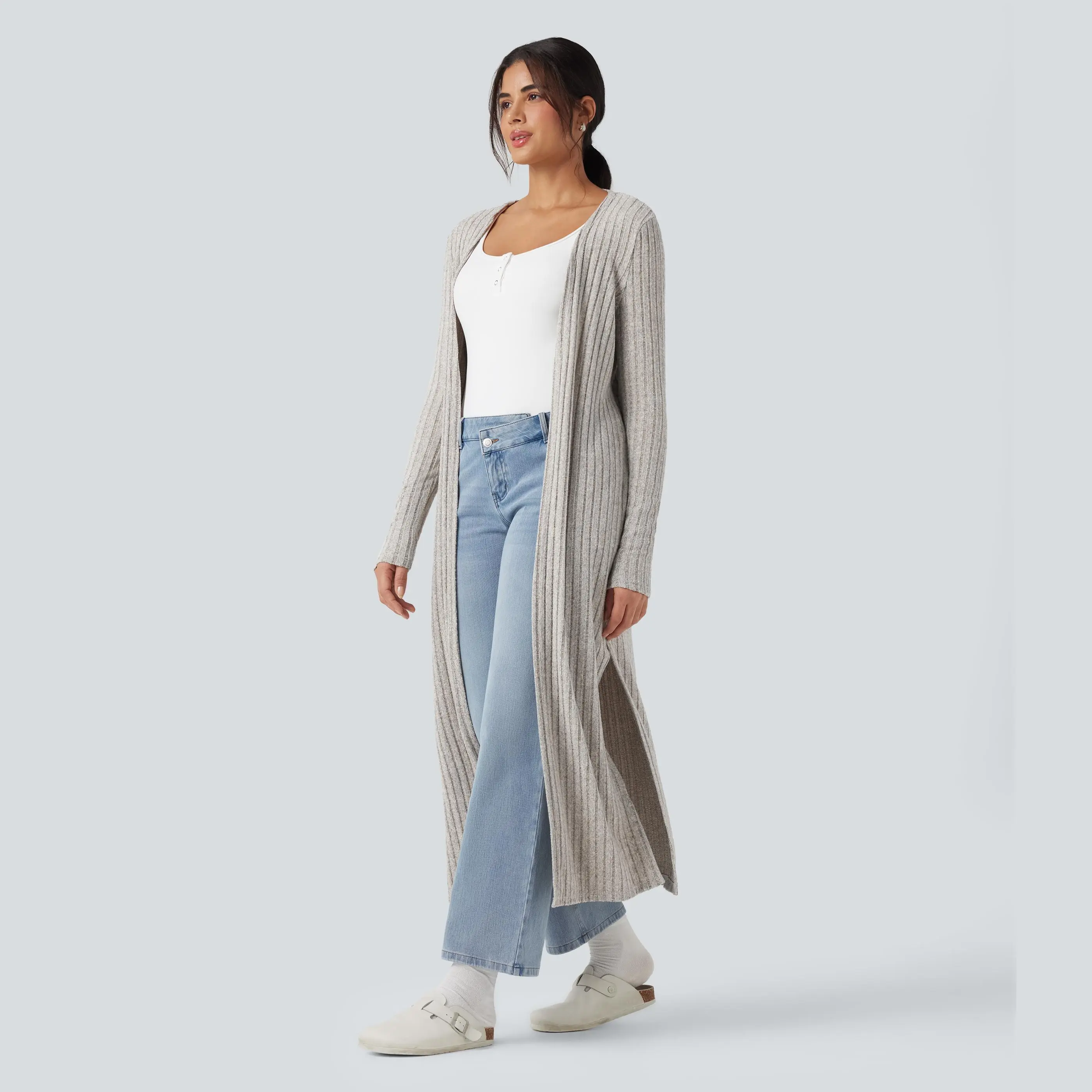 Halara Ribbed Knit Long Sleeve Split Casual Longline Coat