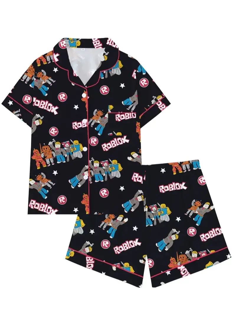 Roblox-Inspired Short Sleeve Pajama Set – Turn-Down Collar Comfortable Cartoon Print Sleepwear, Fun Gaming Pajamas, All-Season Loungewear