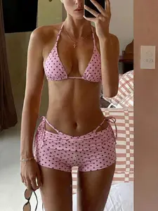 Women's Bikini Set Three-Piece Design, Perfect for Vacation Beachwear, Comfortable Fit, Sexy Halter Polka Dot Bowtie, Bikini Swim Top, Ideal for Pool Party