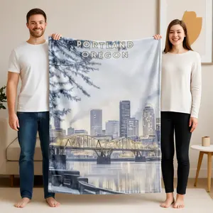 1 piece Winter landscape of Portland, Oregon city themed flannel blanket - Flannel blanket with modern design, suitable for sofas and beds, all-season use, super soft and comfortable, digitally printed pattern, 100% polyester material, machine