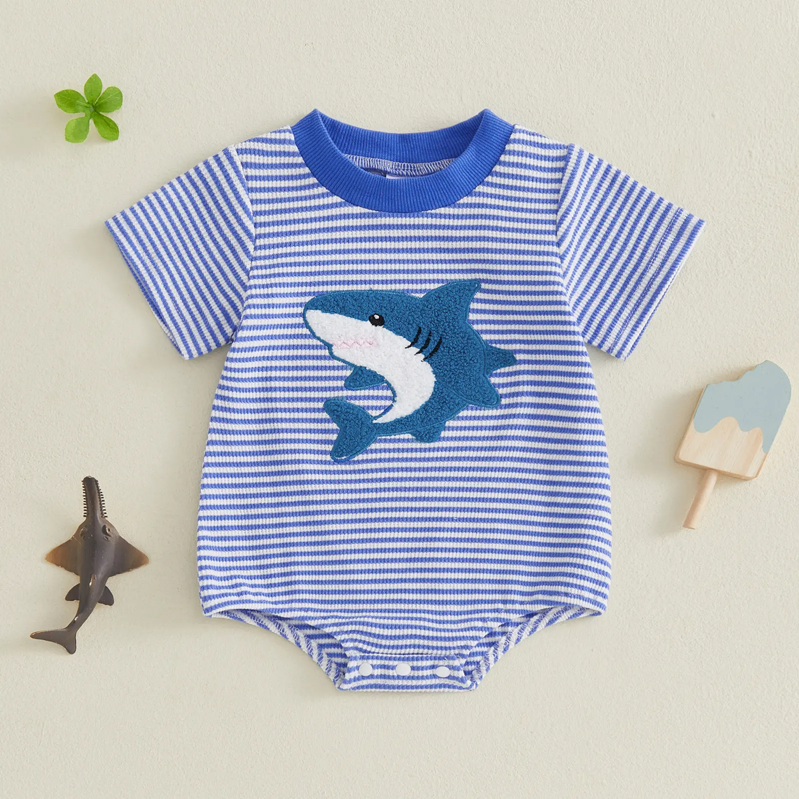 Meihuida Newborn Baby Boy Romper Short Sleeve Waffle Striped Shark Bodysuit Summer Clothes Infant Baby Sea Animal Outfit