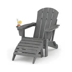 Folding Adirondack Chair Set of 1 with Ottoman, All-Weather HDPE Outdoor Chair, Wooden Textured with Cup Holder for patios, Decks, Gardens, fire pits, Grey