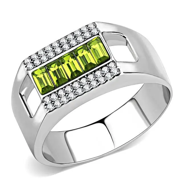 Men High Polished Stainless Steel Ring with Top Grade Crystal in Olivine - Size 12