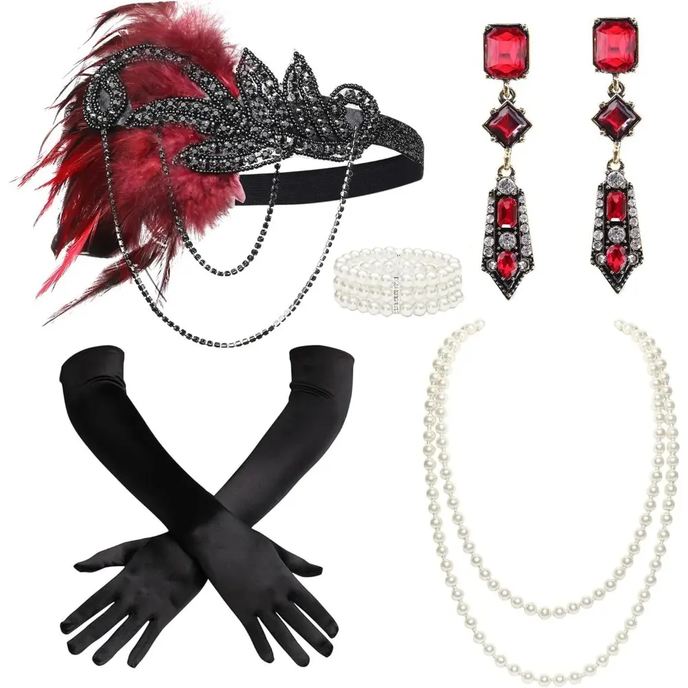 1920s Women Accessories Headband Necklace Gloves Holder Flapper Costume Set 1920s Accessories for Women 1920s Women Accessories Headband Necklace Gloves Holder Flapper Costume Set 1920s Accessories for Women