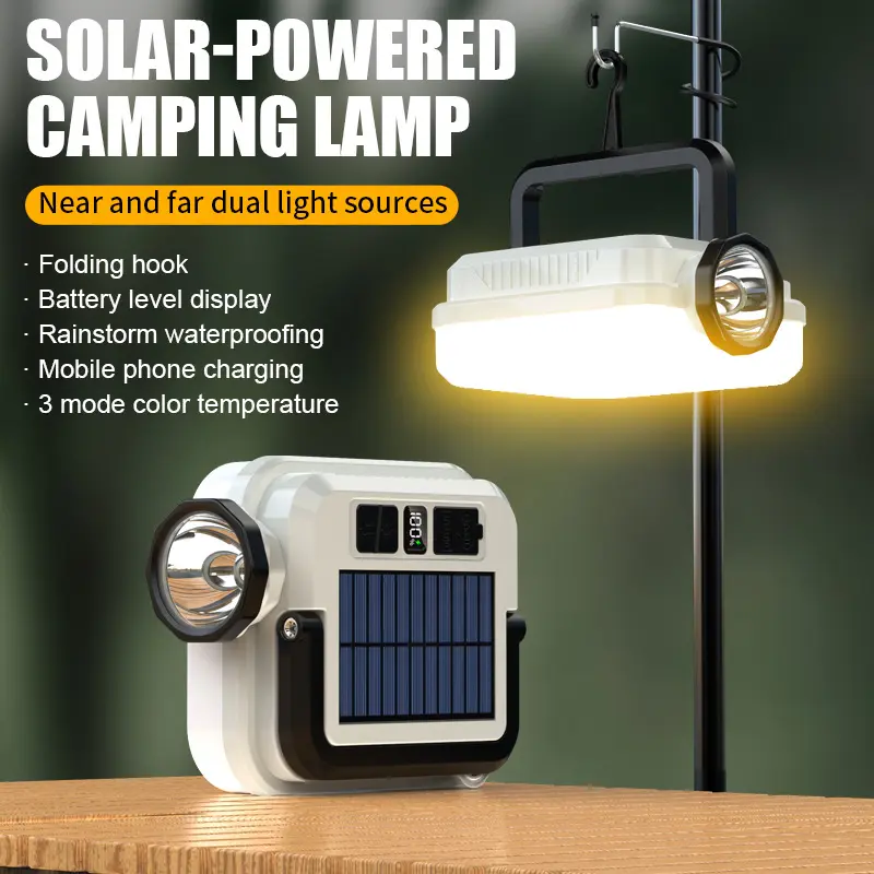 Portable Emergency Rechargeable Solar Outdoor Waterproof Camping Light - USB Charger, 8 Modes, Battery Level Display, Color Temperature Adjustment, Dual Light Sources, Mobile Phone Charging, Ideal for Storms, Camping Adventures, Portable Emergency Light,