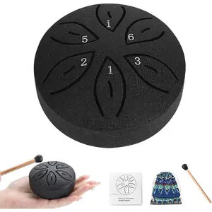 Mini Rain Drum for Outside - 3-Inch 6-Note Steel Tongue Drum, Garden Chime Percussion Instrument with Mallets & Bag, Meditation Tools for Yoga,   for Office(Black)