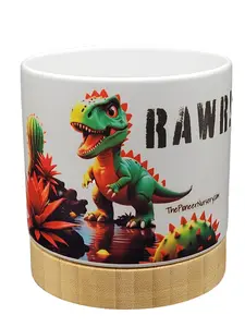 Adorable and Funny Dino Character 4" Ceramic Pot with Bamboo Base and Drain Hole, Cute and Hilarious