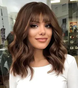 Short Light Brown Highlight Wigs with Bangs 14Inch Curly Bob Wig for Women Shoulder Length Natural Looking Hair Replacement Wig for Daily Party Cosplay Costume Halloween