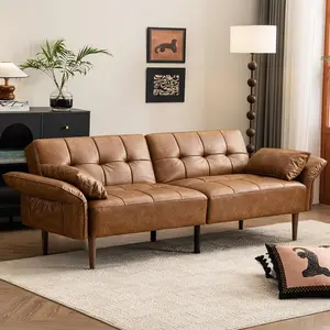 HALLYBEE Futon Sofa Bed Convertible Sleeper Couch with Storage & Adjustable Armrests Faux Leather Loveseat Mid Century Modern Design For Living Room Home Office Seater Daybed For Living Room Home Interior