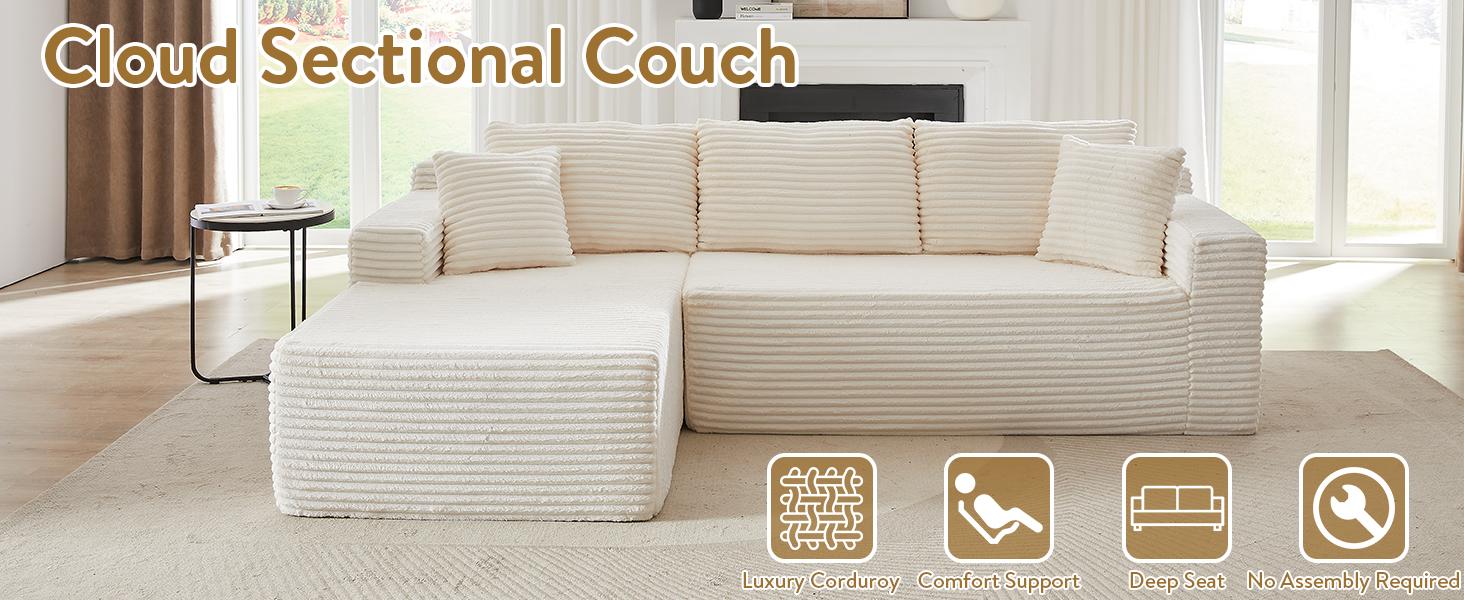 105''L-Shape Modular Sectional Couch Sofa, Boneless Sectional Couch Compressed Corduroy, Modern Sleeper Sofa for Living Room, Space-Efficient Design Convertible Corduroy Sectional Couch(2 Packages Shipping)