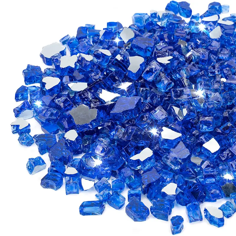 1 LBS Reflective Fireplace Glass Stones (1-2 cm) - Heat Resistant, Flame Viewing Outdoor Decor for Outdoor Patio Fire Pit Tables, Blue Utensils Compatible, Reflective Glow Feature, Fireproof