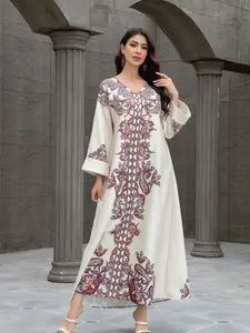 Muslim Women's Elegant Abaya Dress, Long Robe with Printing and Beads, Dubai Export Fashion, Stylish Muslim Clothing