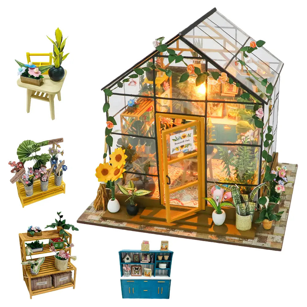 Greenhouse DIY Exquisite 3D Miniature Dollhouses Room Decorations Mini Craft Kits for Living Room Tabletop Holiday Gifts Thanksgiving Halloween Christmas Birthdays Tools Glue Batteries Not Included