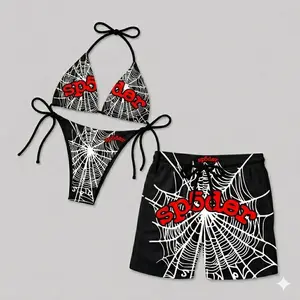 Couples Matching Spider Web Swimwear Set – Y2K Goth Bikini and Men’s Beach Shorts for Vacation & Pool Party