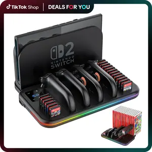 【Back to School】JORREP Charging Dock Storage Base for Compact Switch 2 JoyCon Controllers 18 Game Card Slots Ambient Lighting All-in-one Charging Station Storage Stand Organizer with USB Charging Cable Acrylic Console Smartphone Dz604