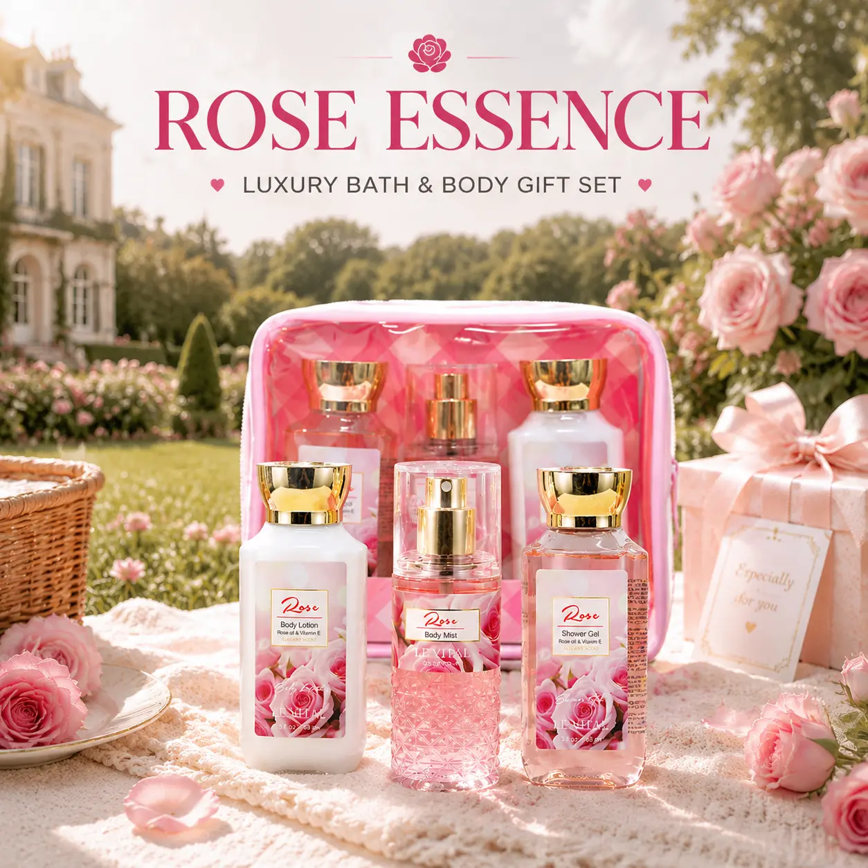 Le Vital Women's 3-Piece Scented Rose Blend Bodycare Layering Set - Luxury Hydrating Spa Kit, Travel-Friendly with Lotion, Shower Gel, Body Mist, Pouch, Vanilla-Cherry Aroma, All Skin Types, Bathtime Fun Gift for Valentine’s Day/Birthdays