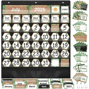 Classroom Calendar Pocket Chart Set Calendar Bulletin Board Set with Pocket Seasons Festival Weather Date Bag Chart for Classroom Decoration  to School Supplie(Black,Greenery)
