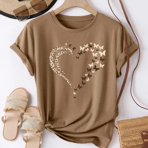 Women's Butterfly   Print Round Neck Tee, Casual Short Sleeve Crew Neck T-shirt for Daily Wear, Ladies Clothes for Summer, T Shirts Tops