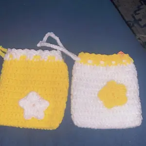 Crochet Drawstring Pouch - Yellow and White with Star Design - Handmade Accessory