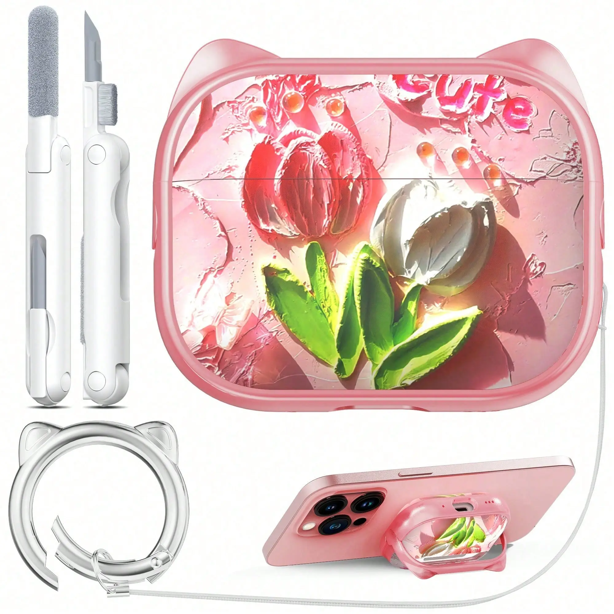 AirPods 4 Earbuds Protection Shell with Cleaning Kit, Cute Cat Ear Print, Secure Buckle, Inverted Mobile Phone Holder, Top Safe Lock for Girls’ Headphone Charging Device