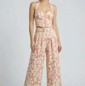 Floral Halter Top & Wide Leg Pants Set - Pink & White Pattern - High Waist - Belted - Summer Fashion