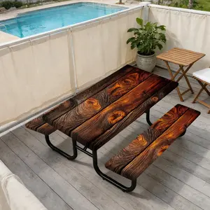 3pcs Dark Wooden Planks Table and Chair Set | All-Season Use Outdoor Picnic Tablecloth Durable Polyester Perfect for Patio and Garden Essential for Picnics Outdoor Furniture