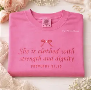 She Is Clothed With Strength and Dignity Shirt, Proverbs 31:25 Tee, Christian Bow Shirt, Faith Tee Women, Coquette Christian Shirt