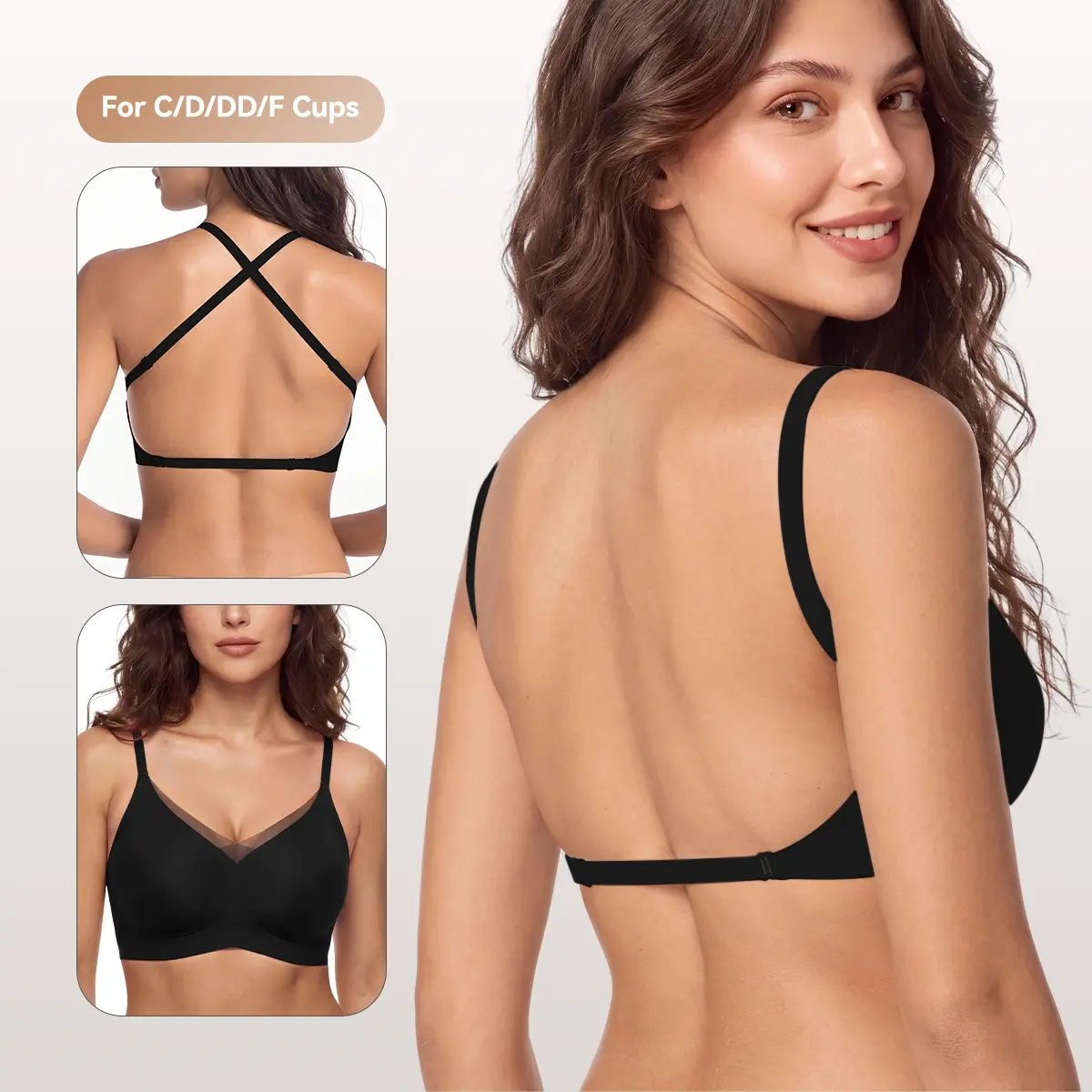 LUCKMEEY Low Back Bra for Women C–F Cups, Deep V Mesh Wireless Seamless Bra with Convertible Straps & Jelly Support for Backless Dresses