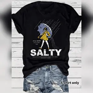 Women's Umbrella & Salty Girl Print Round Neck Tee Vintage Trendy Casual Short Sleeve T-shirt for Daily Wear Ladies S T Relaxed Everyday Shirt