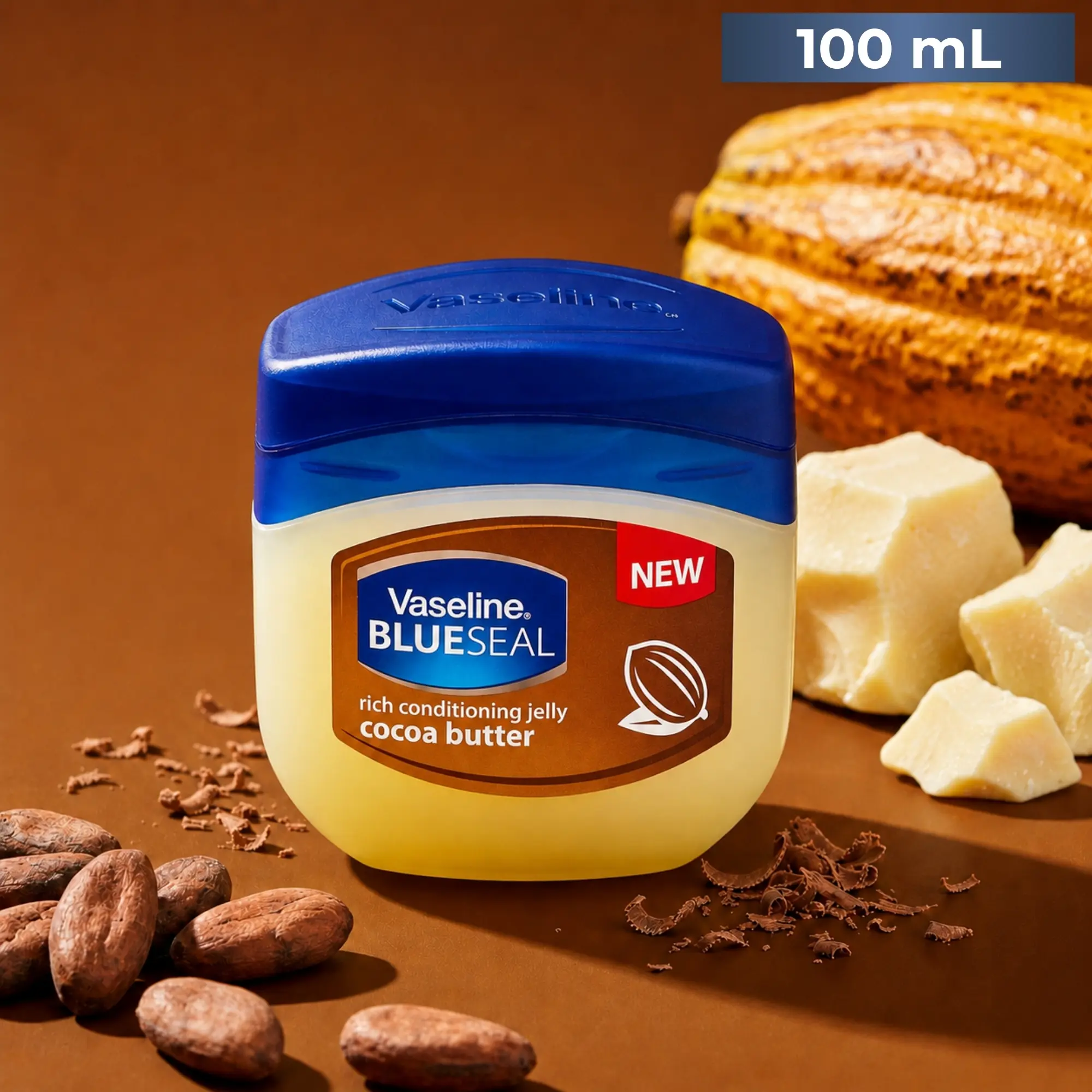 Vaseline Blue Seal Cocoa Butter Petroleum Jelly (100mL/3.4oz) - Rich Conditioning, Jelly Texture, Occlusives Barrier, Deep Moisture, Gentle Lightweight Body Moisturizer for All Types, Apply Daily Spot Treatment