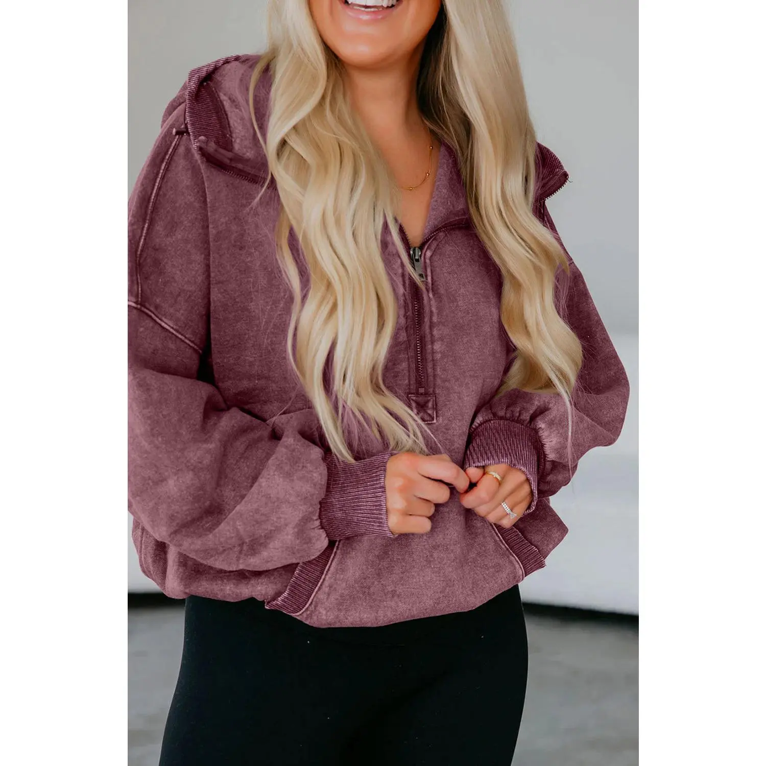Wild Ginger  Half Zip Kangaroo Pocket Mineral Wash Baggy Hoodie